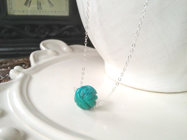 Unique Carved Turquoise Ball on Sterling Silver adjustable chain 16-18"