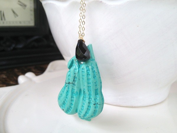 Unique Carved Turquoise Pendant with Black Onyx drop on Long Chain Gold Filled Chain 28"