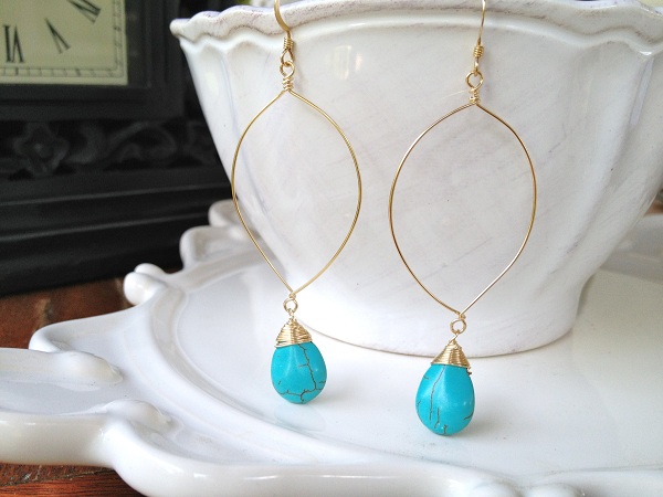 Handmade Turquoise Drops on Gold Filled Hoop Earrings