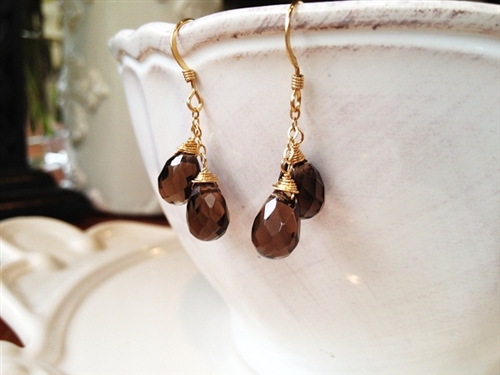 Handmade Smoky Quartz Gold Filled Double Drop Earrings
