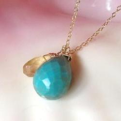 Turquoise drop paired with Lemon Quartz on adjustable 16-18" Gold Filled Chain