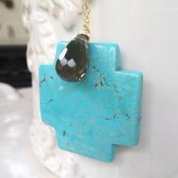 Large Turquoise Cross Pendant on Long 28" Gold Filled Chain