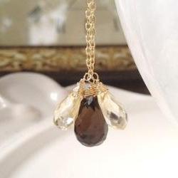 Triple Smoky and Lemon Quartz Drops on Gold Filled adjustable chain 16-18"