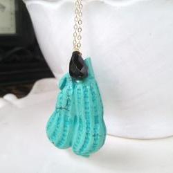Unique Carved Turquoise Pendant with Black Onyx drop on Long Chain Gold Filled Chain 28"