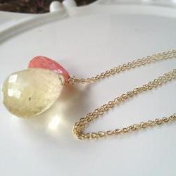 Large Lemon Quartz paired with Coral Quartz on long 28" Gold Filled  chain.