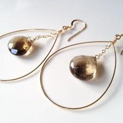 Smoky Quartz Circle Drop Earrings on Gold Filled Earrings.