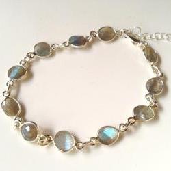 Labradorite on Sterling Silver 7-8" adjustable Bracelet. Labradorite stones are 1/4" in size