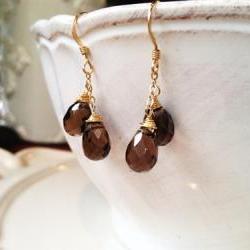 Handmade Smoky Quartz Gold Filled Double Drop Earrings